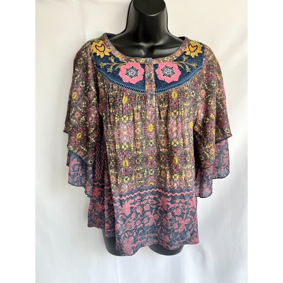 Anthropologie Postmark Ciutadella Boho Top Sz XS Hippie Bell Sleeve Embroidered - Picture 1 of 11